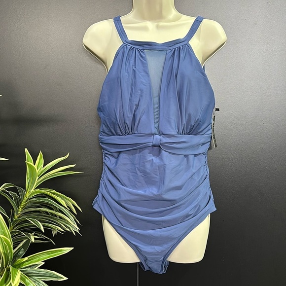 Tempt Me High Neck,mesh front detail & keyhole back,padded, ruching one-piece - Picture 2 of 15